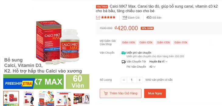 Giá bán Calci MK7 Max trên thị trường khoảng 420.000 đồng/hộp 60 viên