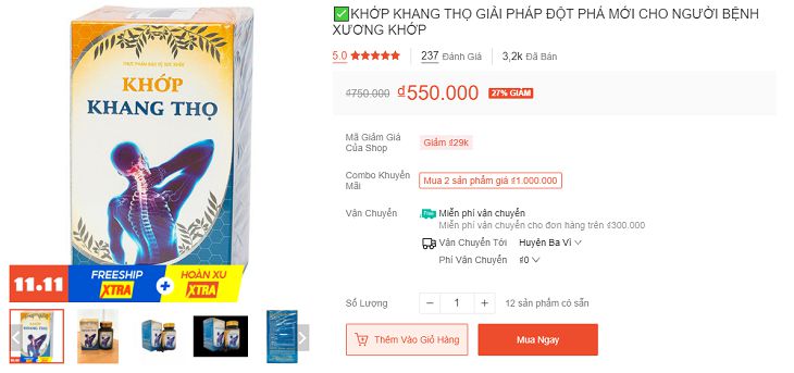 Viên uống Khớp Khang Thọ hiện được bán với giá khoảng 550.000 đồng