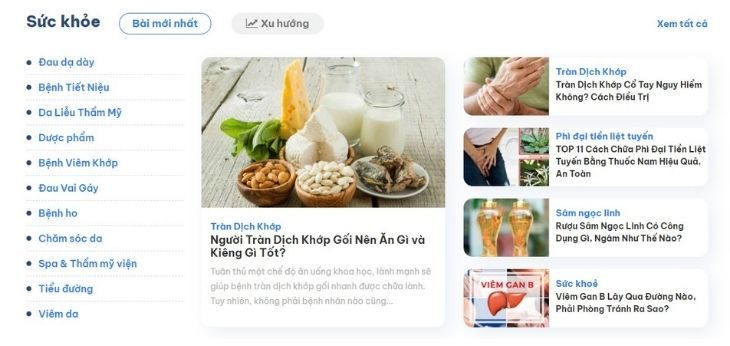 Mảng sức khỏe với đầy đủ thông tin các đầu bệnh thường gặp