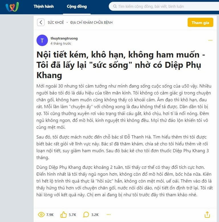 Nicknam thuytrangtruong tăng cường sinh lý nhờ Diệp Phụ Khang